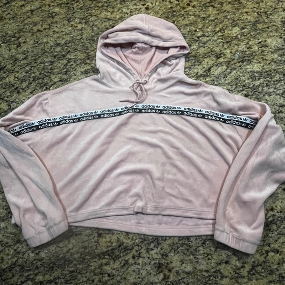 adidas Tops - Adidas Originals Women Pink Velour Cropped Hoodie Logo Tape Trefoil XL